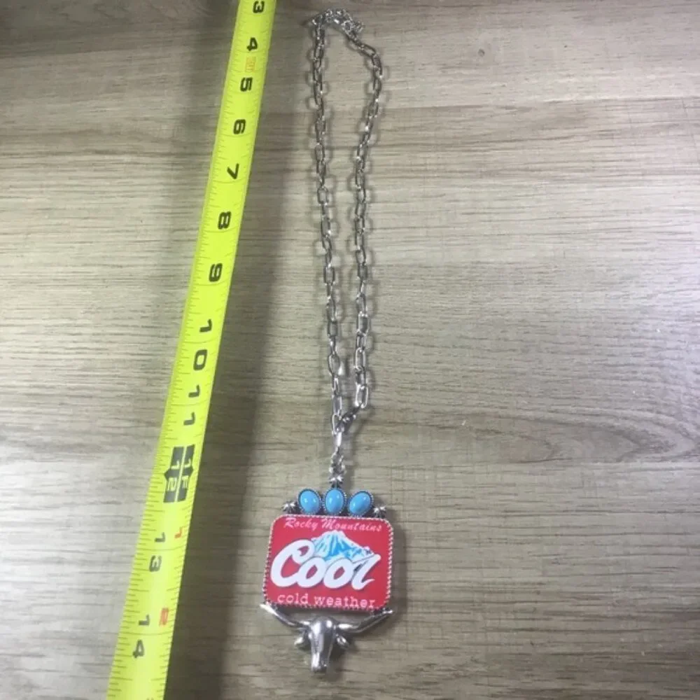 Western Cowboy Bull Head Silver Chain Necklace with Red and Turquoise Pendant